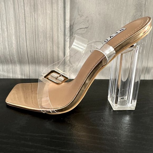 Revol Women's Ankle Strap High Heel Sandals - Transparent heels  - Square Heels - Picture 4 of 7